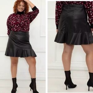 Eloquii Black Faux Leather Ruffle Skirt
